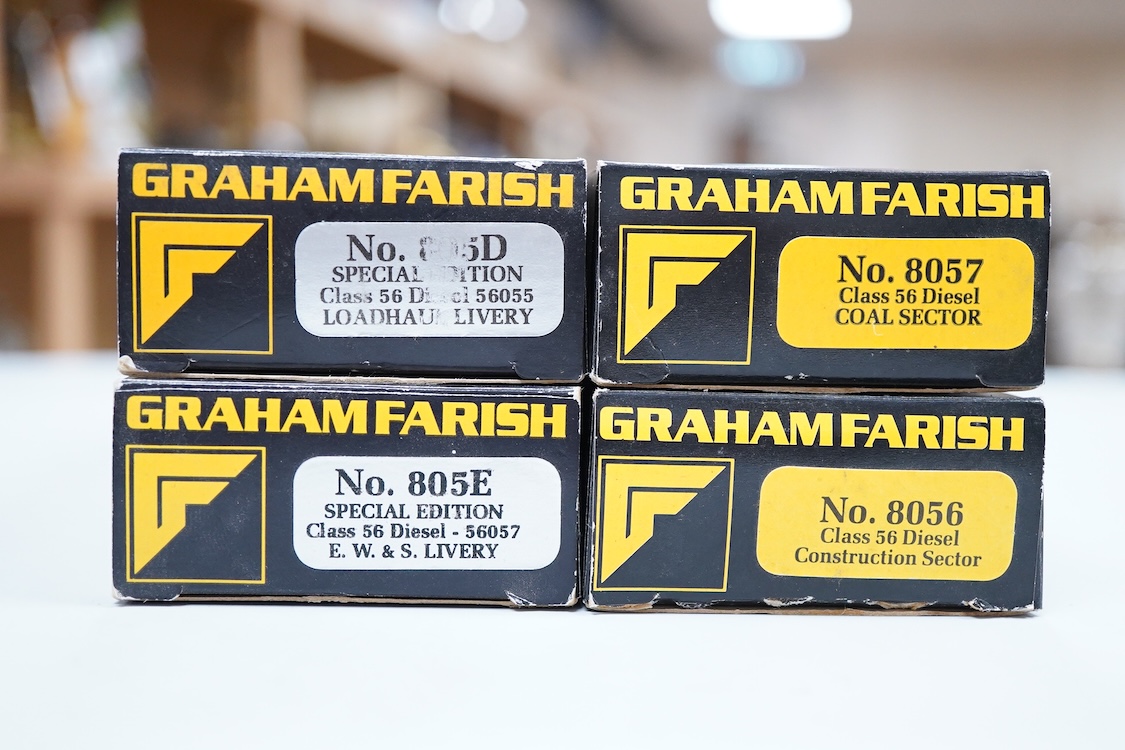 Four boxed Graham Farish N gauge railway class 56 diesel locomotives; a Load Haul, 56055, (805D), an EWS, British Fuels 56057 (805E), a Coal Sector, 56 092, (8057) and a Construction Sector, 56 059 (8056).